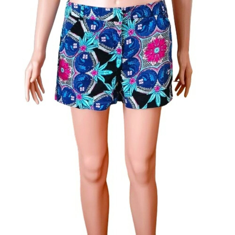 Nicole Miller Floral Chino Shorts 4 Women's Blue Mid Rise Side Slash Pockets